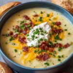 Close-up of a deep blue ceramic bowl filled with creamy homemade Potato Soup Recipe, crowned with a dollop of sour cream, a handful of shredded cheddar, and crispy bacon bits. Finely chopped chives and a crack of black pepper dot the surface, with a slice of crusty bread peeking in at the edge on a gray countertop, all lit by soft natural window light.