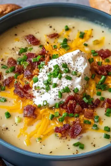 Close-up of a deep blue ceramic bowl filled with creamy homemade Potato Soup Recipe, crowned with a dollop of sour cream, a handful of shredded cheddar, and crispy bacon bits. Finely chopped chives and a crack of black pepper dot the surface, with a slice of crusty bread peeking in at the edge on a gray countertop, all lit by soft natural window light.
