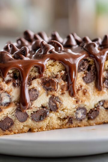 Thick triangular slice of chocolate chip Cookie Cake Recipe on a plain white plate: a golden-brown, buttery cookie base studded with semi-sweet chocolate chips, a creamy chip-studded filling layer, glossy dark chocolate ganache dripping down the sides, and extra chocolate chips piped on top, set against a softly blurred kitchen background.