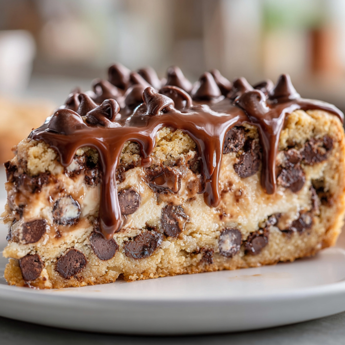 Thick triangular slice of chocolate chip Cookie Cake Recipe on a plain white plate: a golden-brown, buttery cookie base studded with semi-sweet chocolate chips, a creamy chip-studded filling layer, glossy dark chocolate ganache dripping down the sides, and extra chocolate chips piped on top, set against a softly blurred kitchen background.