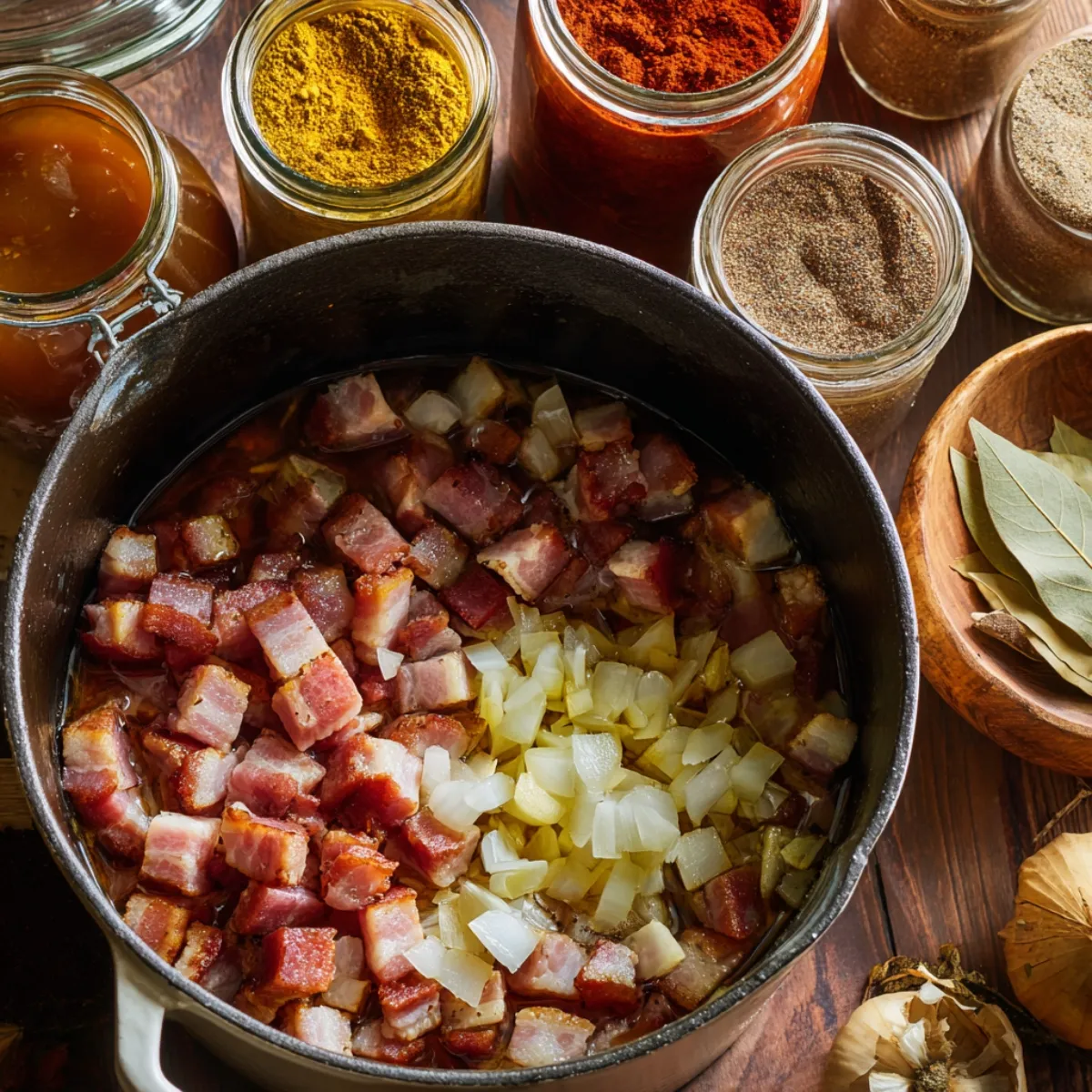 Overhead view of a heavy Dutch oven on a wooden board, filled with crisp bacon cubes and translucent diced onions sizzling together, with jars of spices and bay leaves in the background.