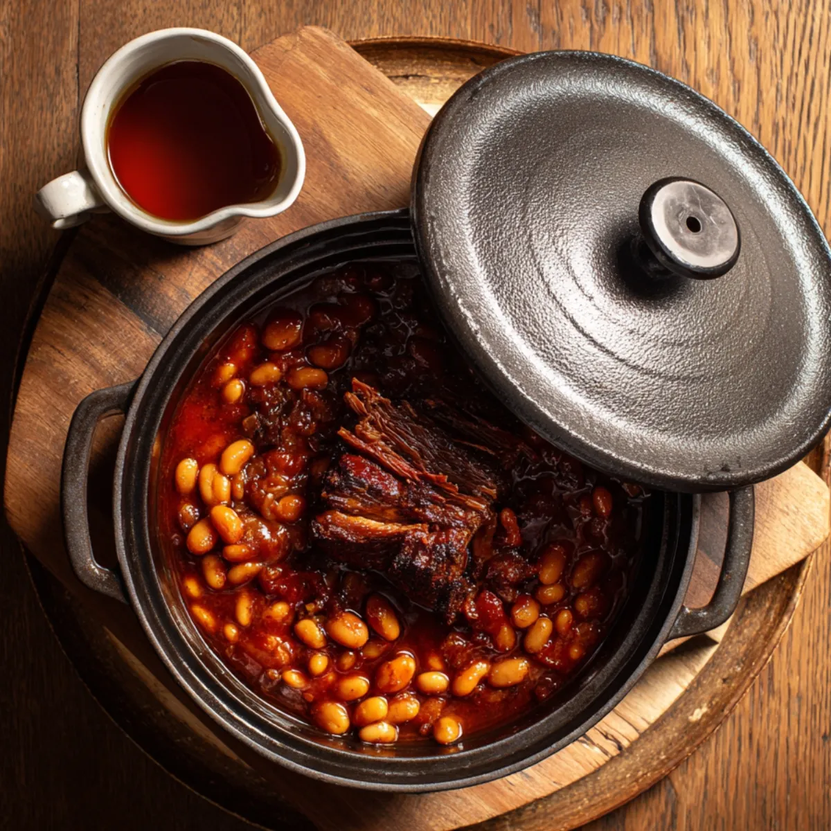 A cast‑iron pot showing layers of drained beans topped with a glossy tomato‑molasses sauce, sprinkled with brown sugar and mustard, ready to be baked.