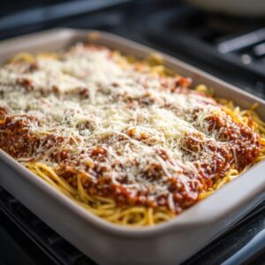 Unbaked spaghetti casserole layered with meat sauce and shredded cheese in a baking dish, ready for the oven.