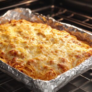 Cheesy baked spaghetti in a foil-lined casserole dish inside the oven, with melted golden cheese on top.