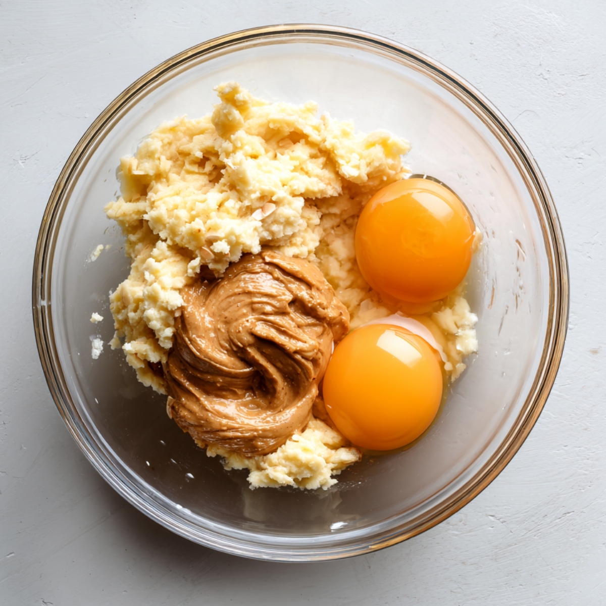 A glass mixing bowl holding mashed banana, two cracked egg yolks, and a dollop of almond butter, ready to be mixed.