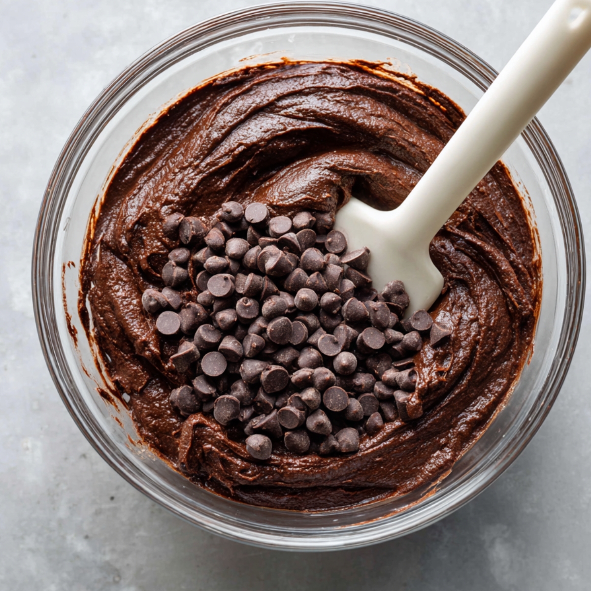Thick chocolate brownie batter in a clear glass bowl, topped with a mound of chocolate chips and a white spatula resting against the side.