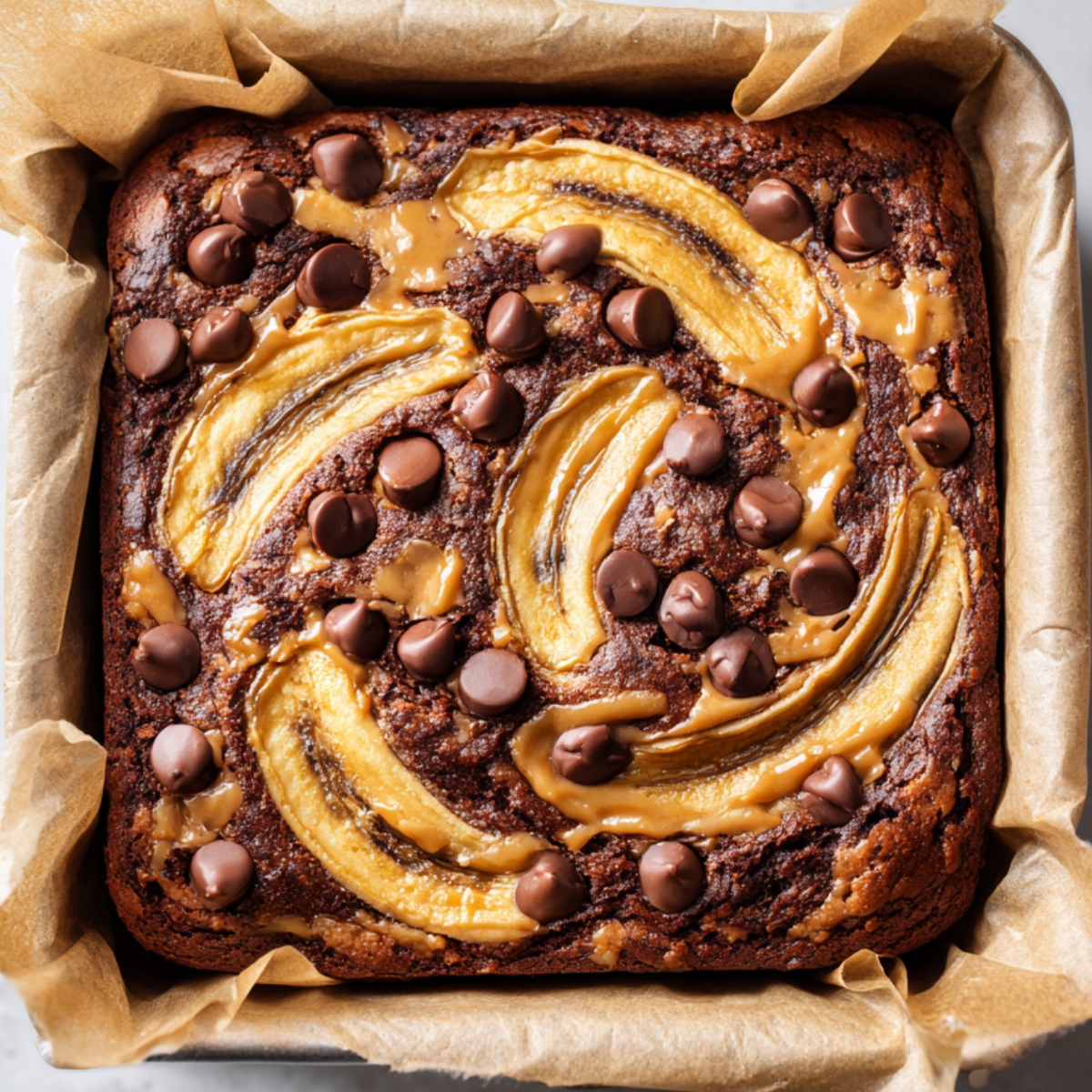 Freshly baked banana–peanut butter swirl brownies studded with chocolate chips, set in a parchment‑lined square pan.