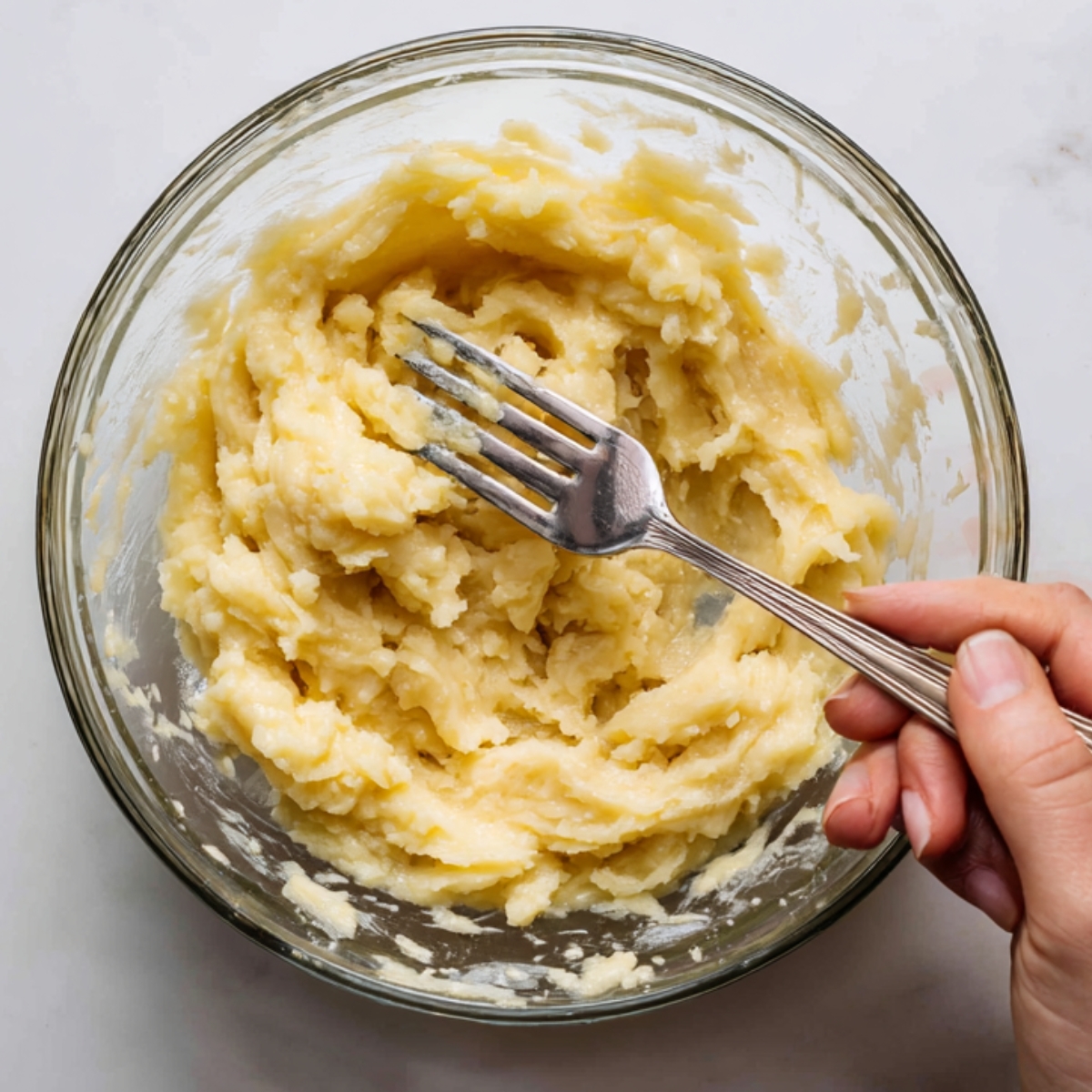 A glass bowl of mashed banana being mashed further with a fork on a marble countertop.