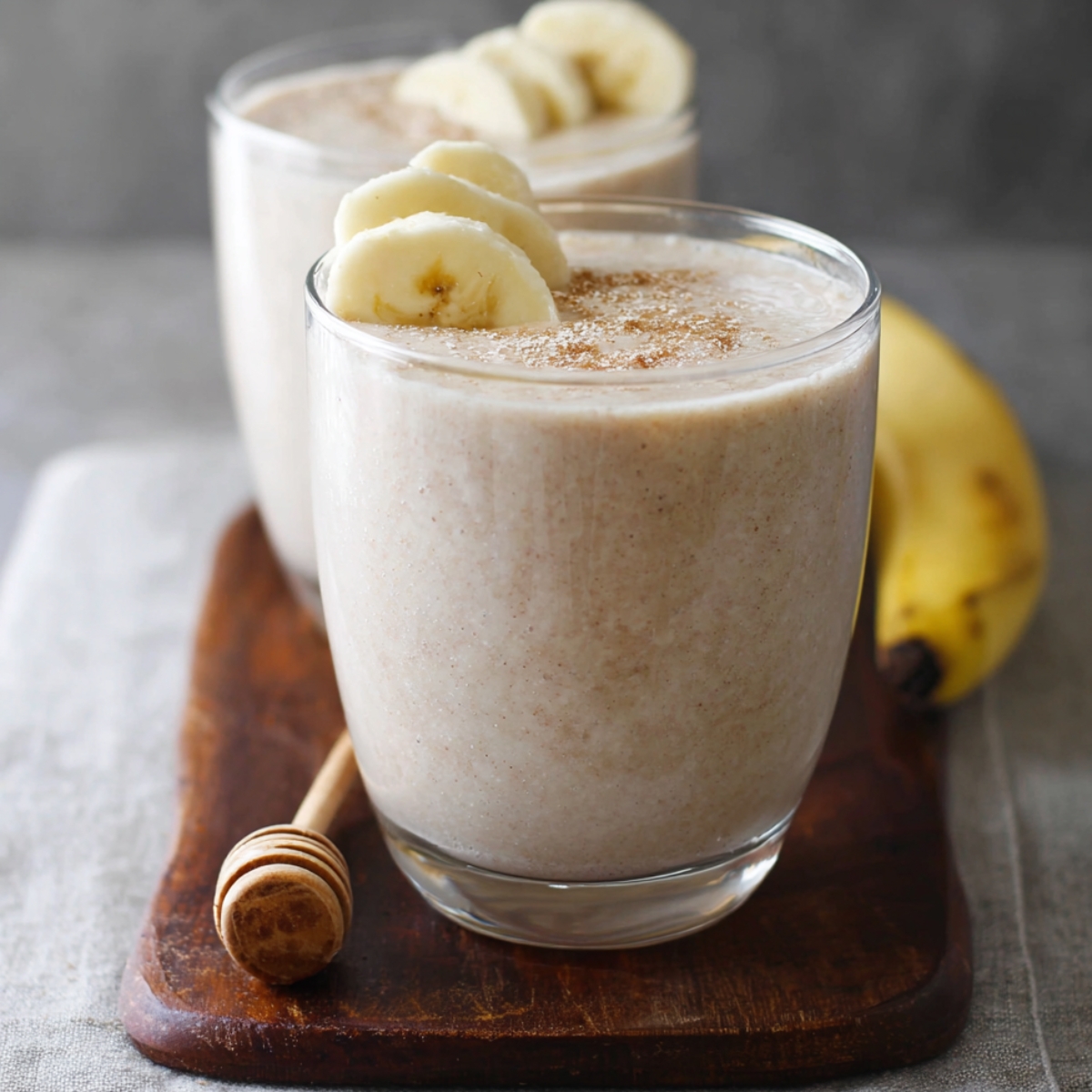 Two glasses of creamy banana smoothie topped with banana slices and cinnamon, served on a wooden board with a honey dipper and ripe banana.