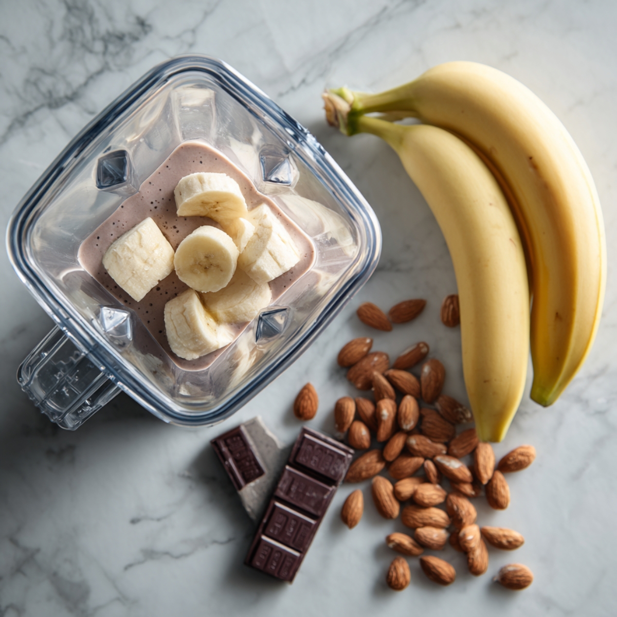 Overhead view of a blender filled with sliced bananas and smoothie base, surrounded by whole bananas, almonds, and dark chocolate pieces on a marble surface.