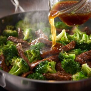 Close-up of steaming beef and broccoli as a glossy brown sauce is poured from a glass jug.
