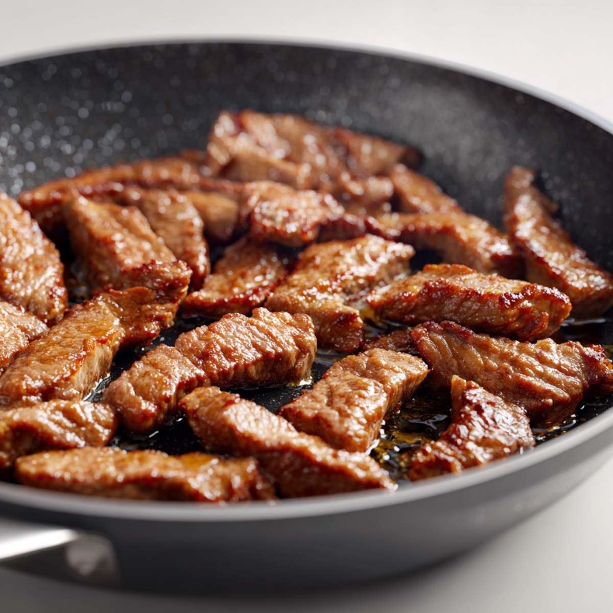Three‑quarter close-up of seared beef strips glistening with oil in a speckled nonstick pan.