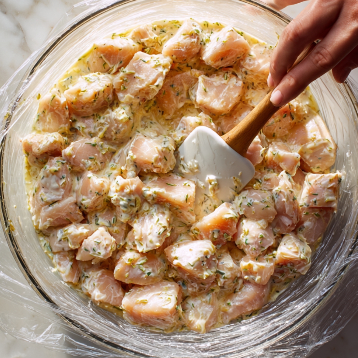 “A bright close‑up overhead view of a clear glass bowl on a white marble countertop, containing creamy ranch dressing swirled with minced garlic, a drizzle of olive oil, fresh lemon juice, and a sprinkling of cracked black pepper; a stainless steel whisk mid‑stir, textures and colors in sharp focus under soft daylight