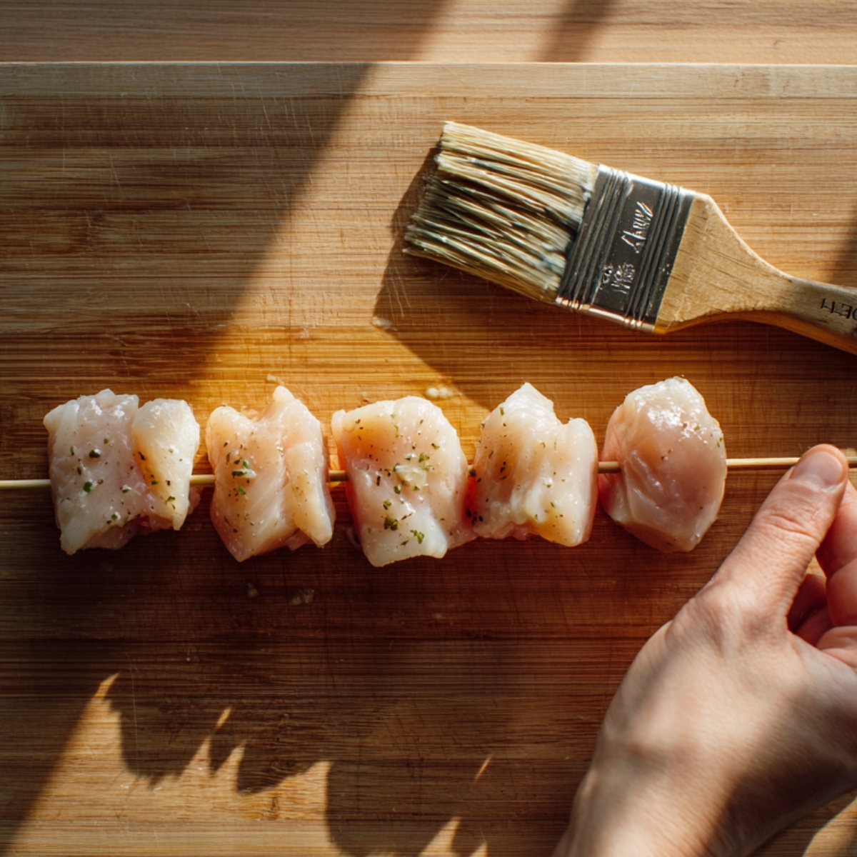 A bright overhead shot of a rustic wooden cutting board with uniformly cut 1‑inch chicken cubes arranged neatly on brown parchment; a stack of white paper towels to one side and a small ceramic dish holding coarse salt and cracked black pepper—soft natural light, shallow depth of field, warm prep‑scene vibes.