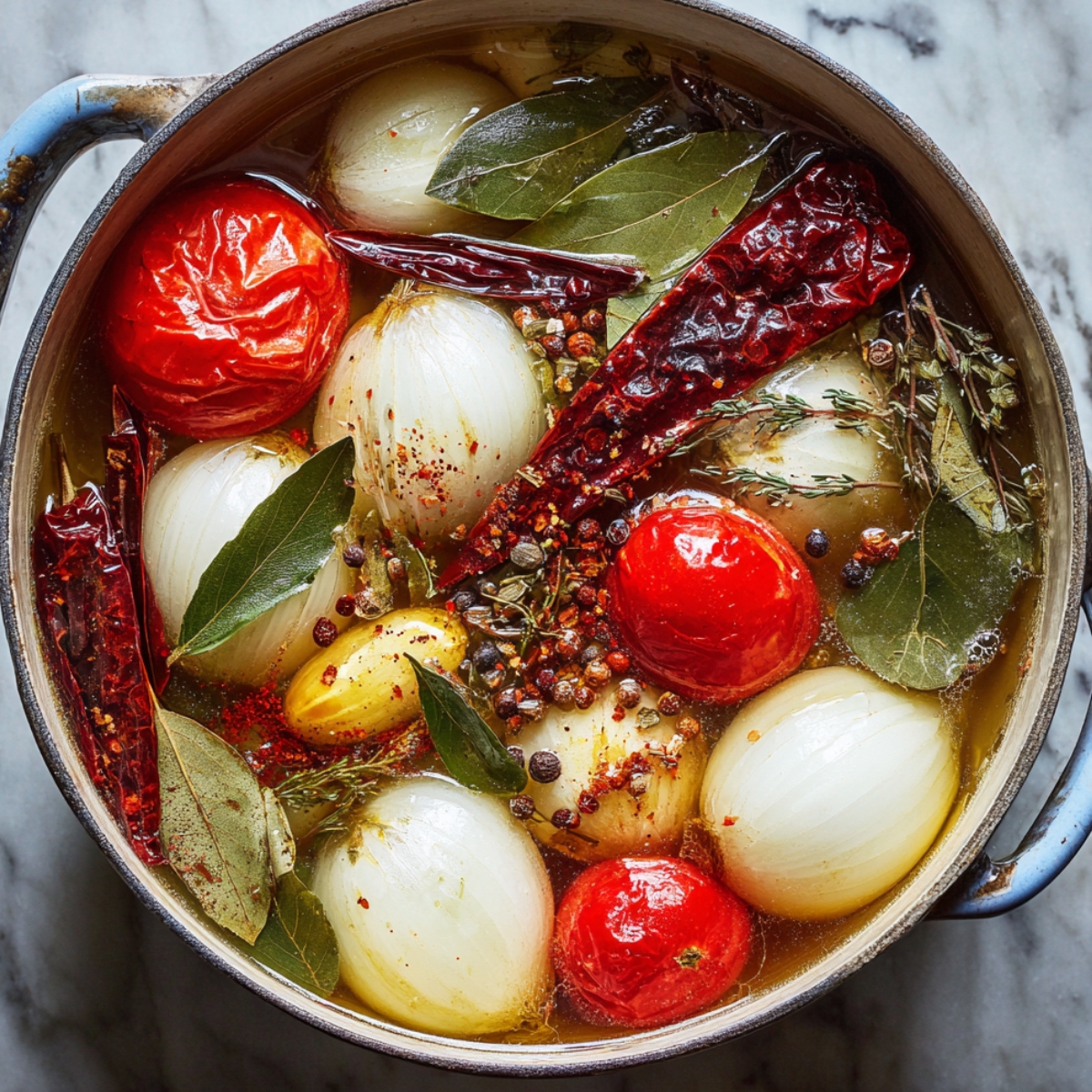 A large pot filled with whole onions, roma tomatoes, dried chiles, bay leaves, garlic cloves, black peppercorns, and herbs simmering in a rich broth base for birria.