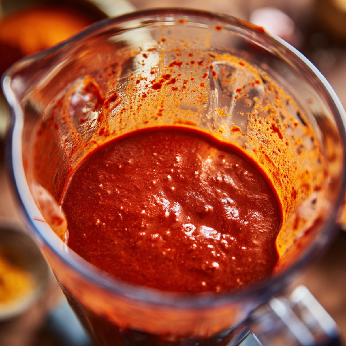 Close-up of thick, smooth, vibrant red birria adobo sauce inside a blender, freshly made from soaked chiles and aromatic spices.
