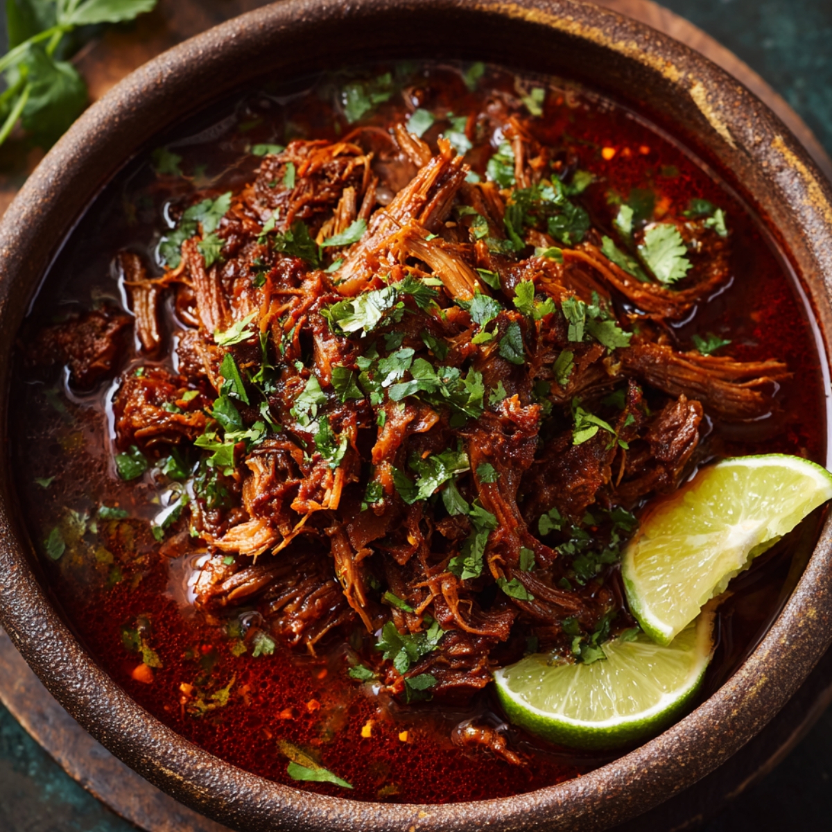 A rustic ceramic bowl filled with shredded beef birria in rich red consommé, topped with chopped cilantro and served with lime wedges.