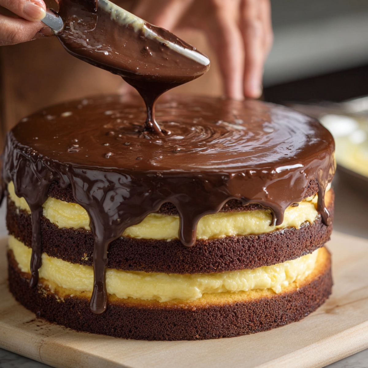 Close‑up of a two‑tiered cake on a wooden board as a baker uses an offset spatula to spread glossy chocolate ganache, letting it drip in thick rivulets down the custard‑filled layers