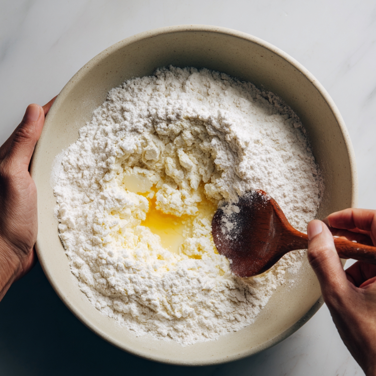 Side angle of a metal saucepan on a white countertop, with a stainless‑steel whisk stirring pale yellow pastry cream until smooth and thick.