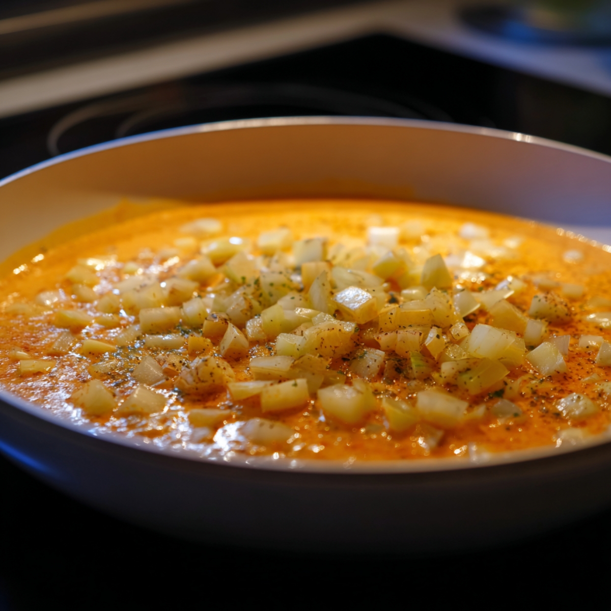 A smooth, uniformly blended orange sauce bubbling gently in a white saucepan atop a modern cooktop.