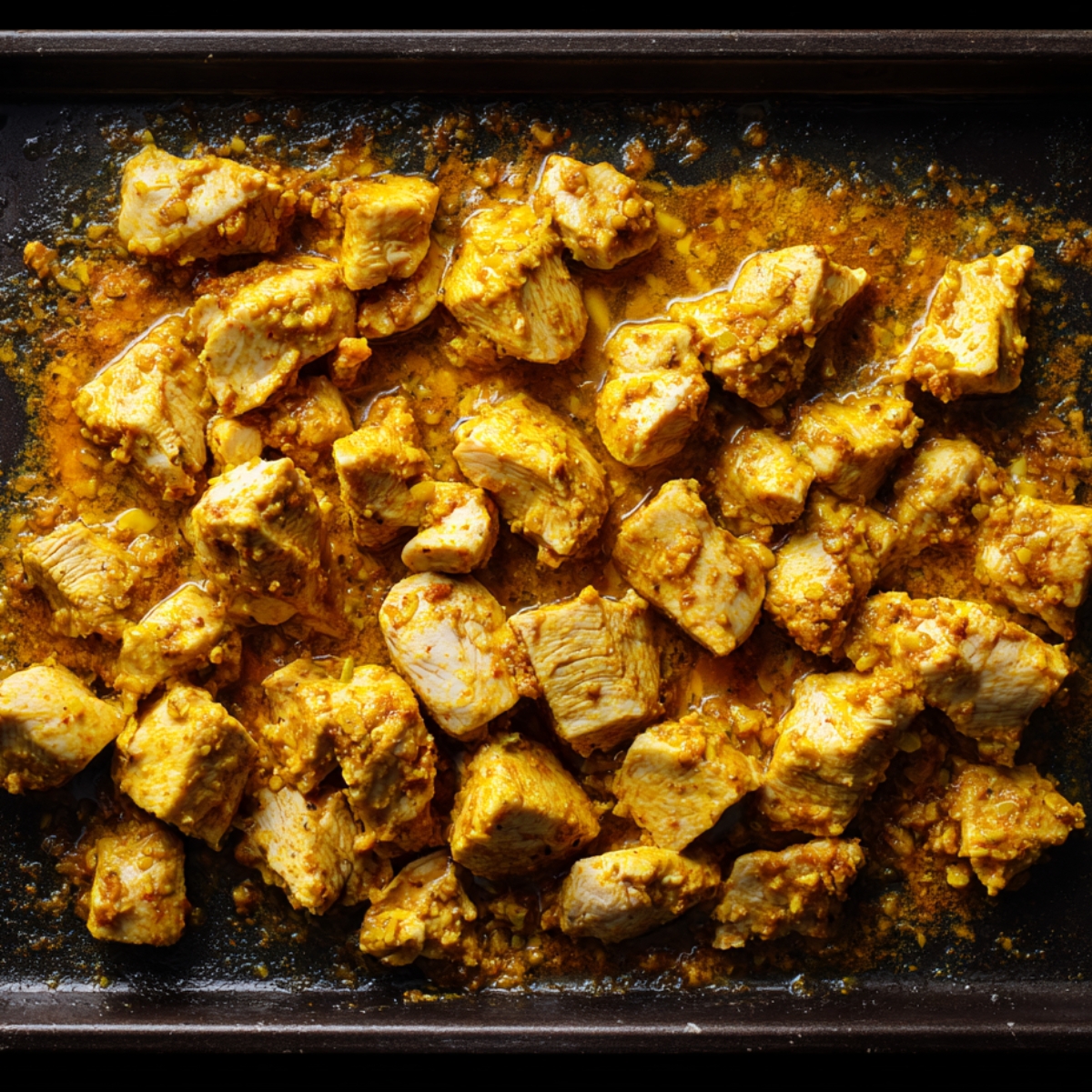 Diced yellow onion being scraped from a white skillet into a bubbling orange‑cream sauce on a sleek induction cooktop.