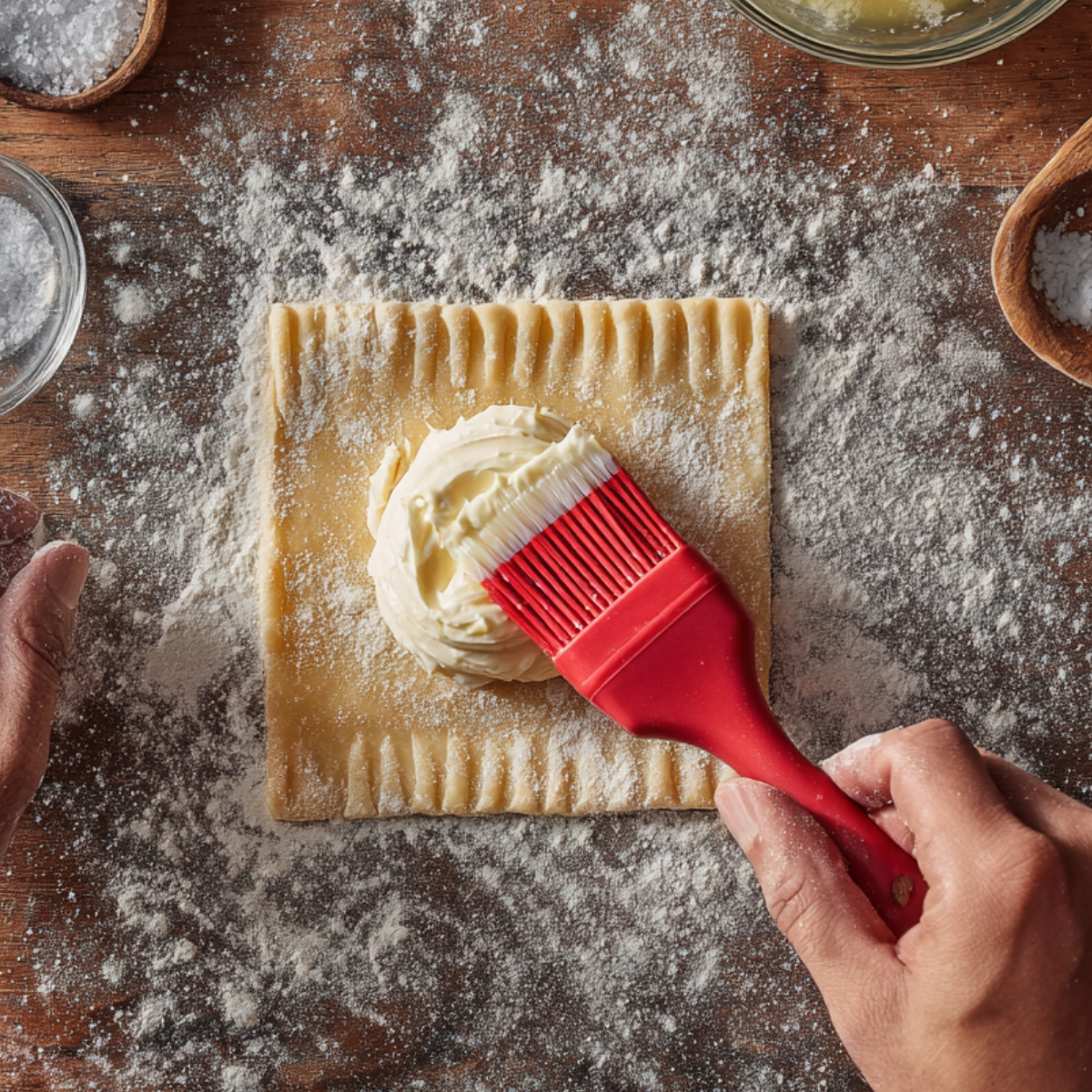 Top‑down view of a floured wooden countertop showing a square of puff pastry being brushed with glossy egg wash by a red silicone pastry brush, with a neat dollop of ivory cheese filling in the center and a hand holding a small glass bowl of beaten egg at the edge of frame.