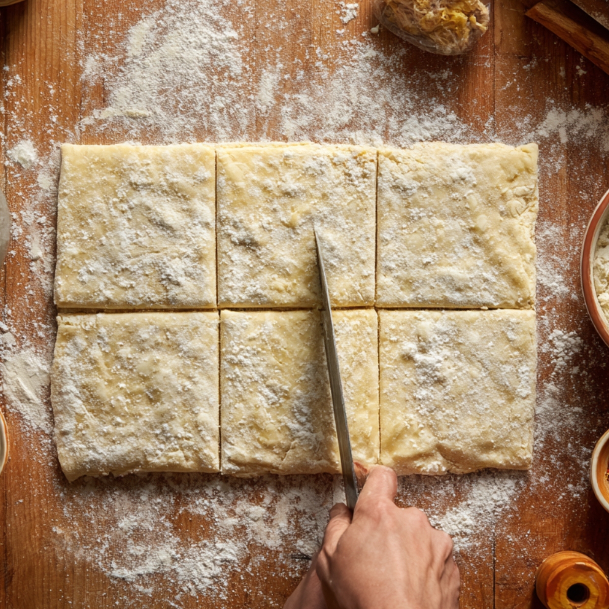 Overhead shot of the same surface with a larger sheet of puff pastry being precisely cut into four equal squares by a hand wielding a knife, while small bowls of ingredients and a rolling pin rest blurred in the background.
