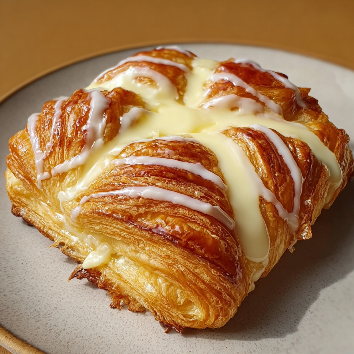 Close‑up of a golden, flaky cheese Danish on a wooden board, showing its layers of puff pastry filled with creamy cheese.