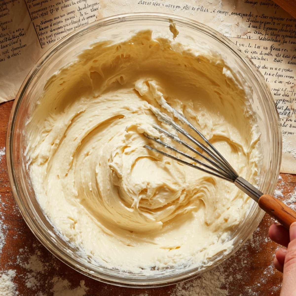 Close‑up of a clear glass mixing bowl on the wooden countertop, containing smooth, creamy cheese filling being folded with a metal fork by one hand, with scattered flour and a rolling pin hinting at ongoing preparation.
