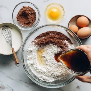 A clear glass mixing bowl on a marble countertop holds sifted flour, cocoa powder, baking soda, and a pool of strong black coffee being poured in a key stage in this chocolate cake recipe.
