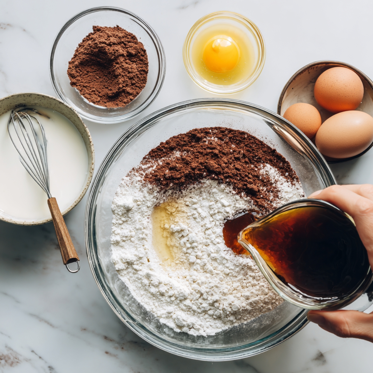 A clear glass mixing bowl on a marble countertop holds sifted flour, cocoa powder, baking soda, and a pool of strong black coffee being poured in a key stage in this chocolate cake recipe.