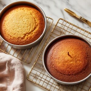 An overhead view of two freshly baked cake layers in metal pans, one showing a golden-brown top and the other with a toothpick inserted, resting on gold wire cooling racks—a step in preparing a chocolate cake recipe.