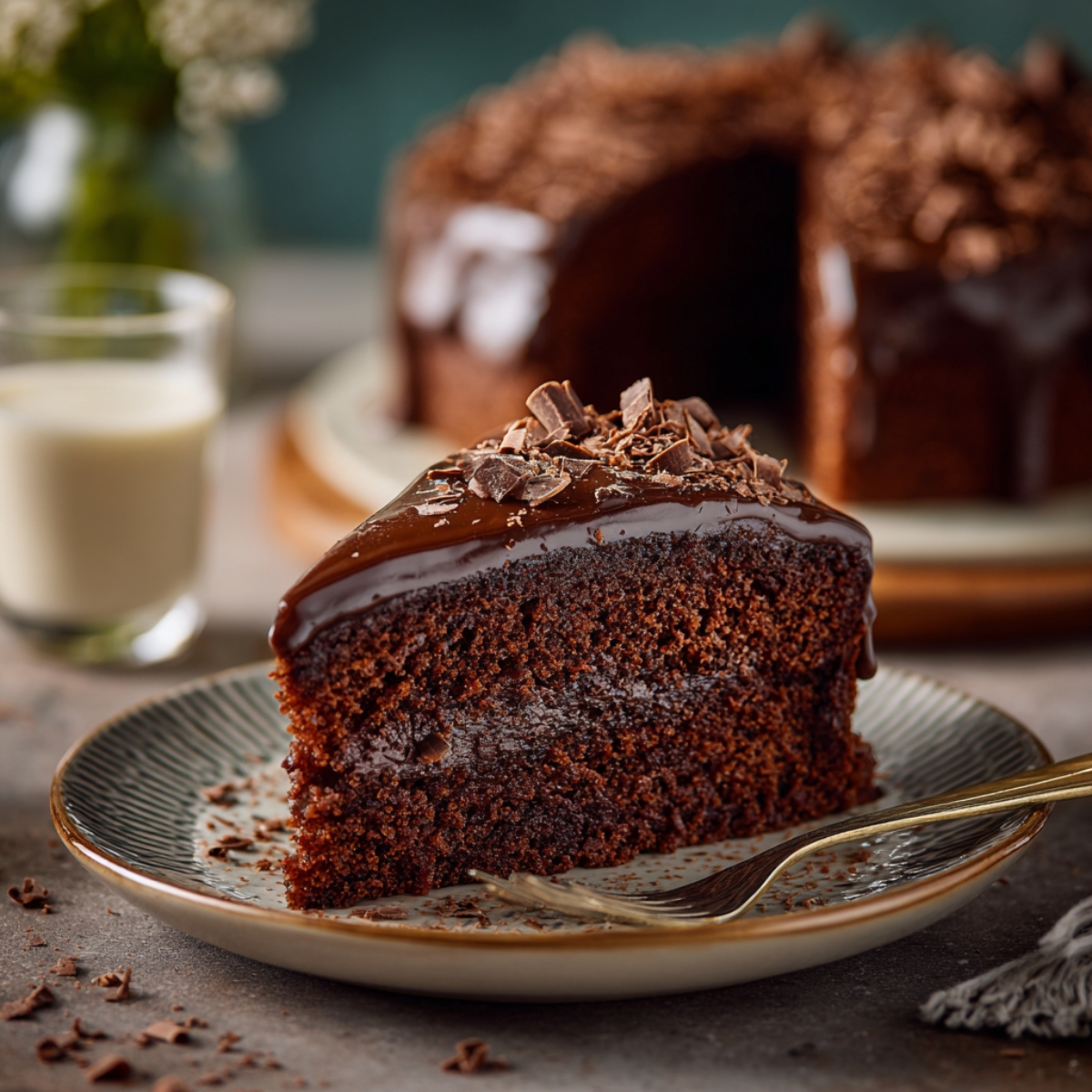 A moist triangular slice of chocolate layer cake drenched in dark chocolate ganache, topped with shaved chocolate curls, sits on a grey ceramic plate next to a glass of milk, illustrating a decadent chocolate cake recipe.