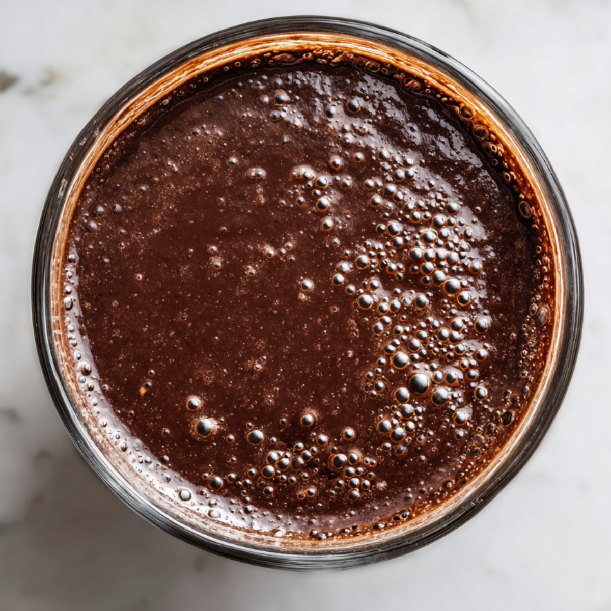 Top-down shot of a glass mixing bowl on a white marble countertop containing smooth, glossy chocolate cake batter with small bubbles, ready to be poured into pans for a chocolate cake recipe