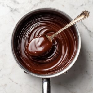A stainless steel saucepan ʿla marble countertop, m3ammar b glossy chocolate pudding; spoon kat‑rfaʿ scoop kbira men pudding.