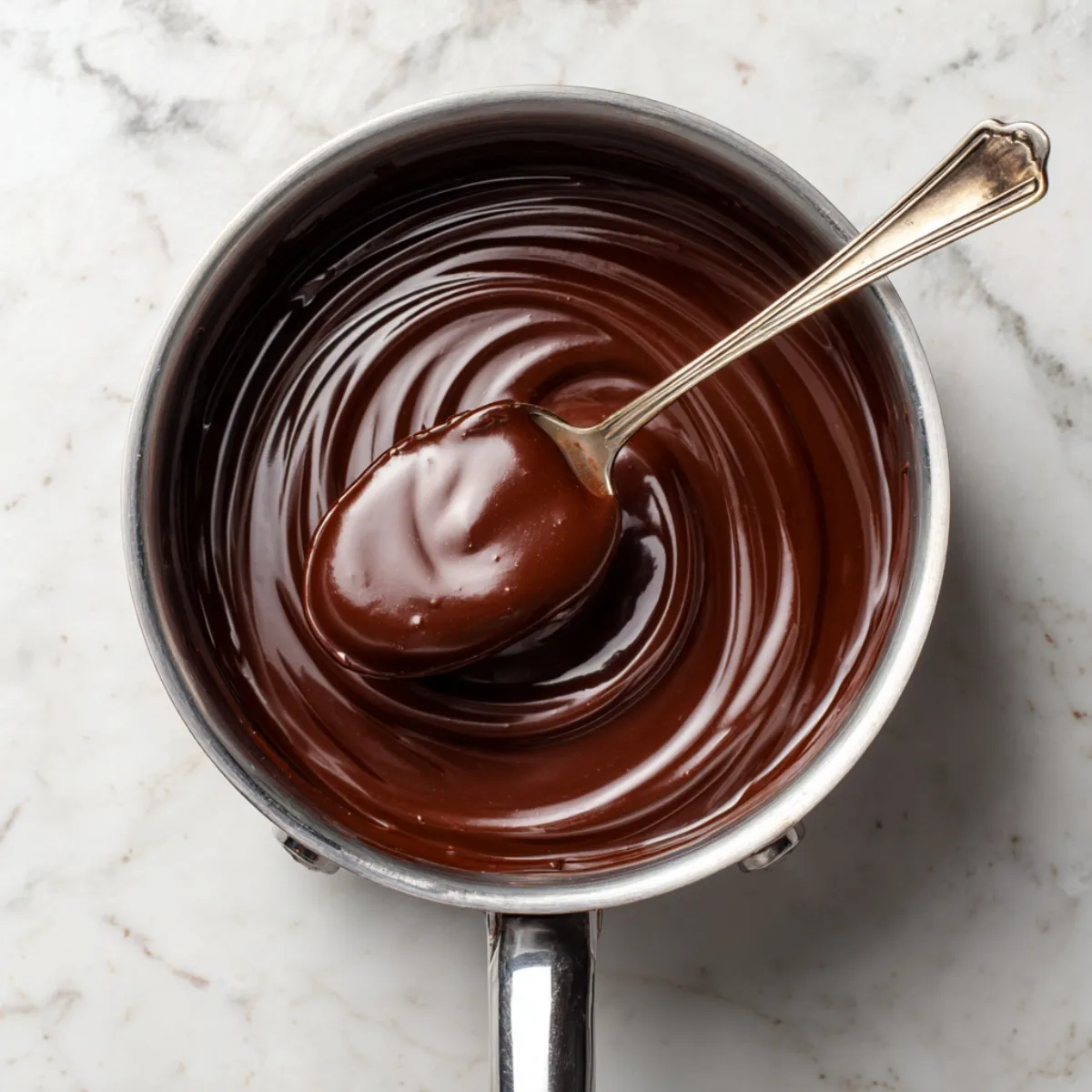 A stainless steel saucepan ʿla marble countertop, m3ammar b glossy chocolate pudding; spoon kat‑rfaʿ scoop kbira men pudding.