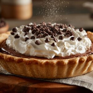 A close‑up ʿla chocolate cream pie f crust mahbous f yed, kat‑za3ref chocolate chips u powdered sugar ʿla whipped cream, hadi f wooden board