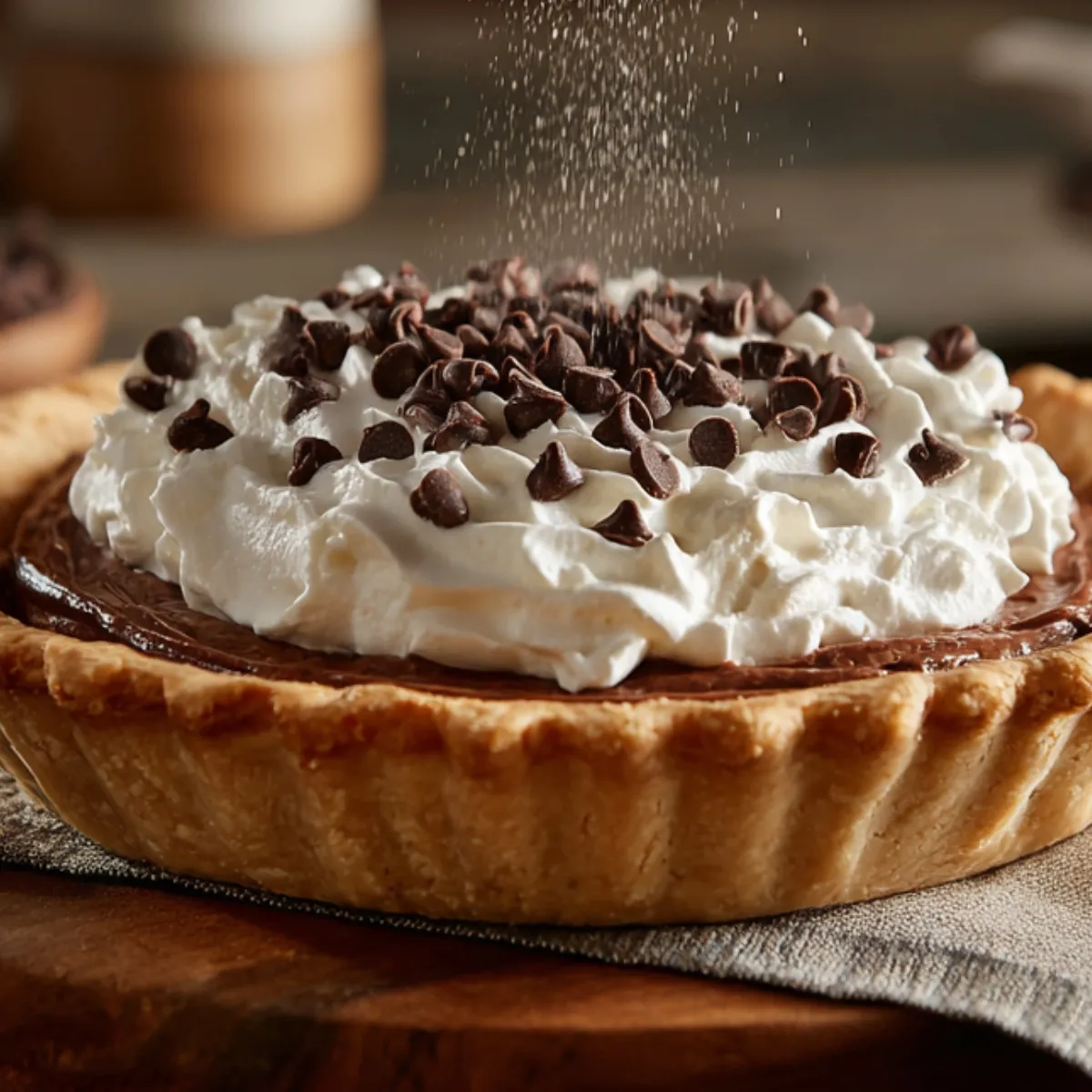 A close‑up ʿla chocolate cream pie f crust mahbous f yed, kat‑za3ref chocolate chips u powdered sugar ʿla whipped cream, hadi f wooden board