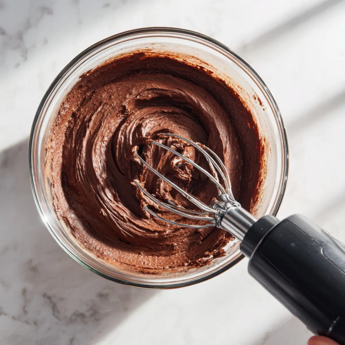 Glass mixing bowl ʿla white marble, fih chocolate batter, u black electric hand mixer beaters kay‑khuddu l‑batter f natural light