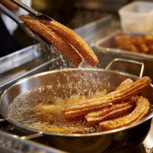 A bright overhead view of a stainless‑steel saucepan on a marble stovetop, filled with bubbling butter and water mixture being whisked for churro dough.