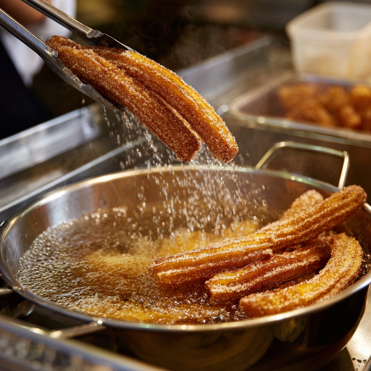 A bright overhead view of a stainless‑steel saucepan on a marble stovetop, filled with bubbling butter and water mixture being whisked for churro dough.