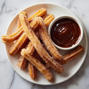 Overhead shot of a white ceramic plate heaped with golden, sugar‑coated churros served next to a small bowl of melted chocolate.