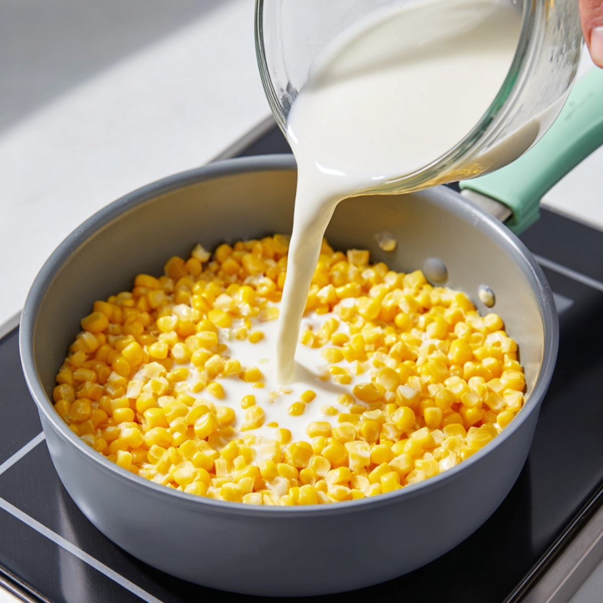 High‑angle shot of a gray saucepan on a black induction cooktop: a bed of yellow corn kernels in milk, with a hand tilting a clear glass bowl to pour in more heavy cream; a mint‑green spatula lies at the pan’s edge.