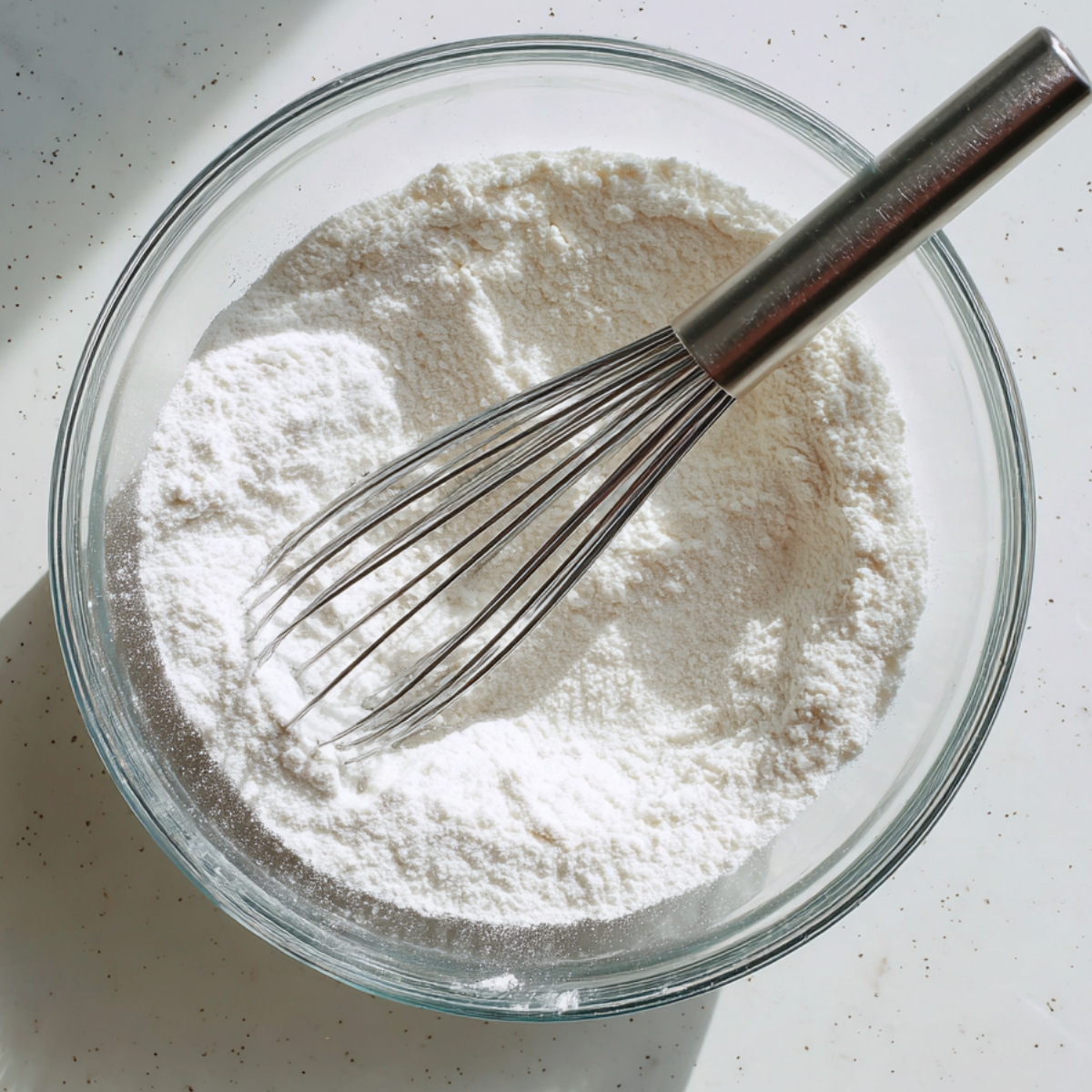 Top‑down view of a clear glass mixing bowl on a white speckled countertop: white all‑purpose flour partially mixed with milk, with a stainless‑steel balloon whisk resting in the bowl; soft shadows fall across the bright workspace