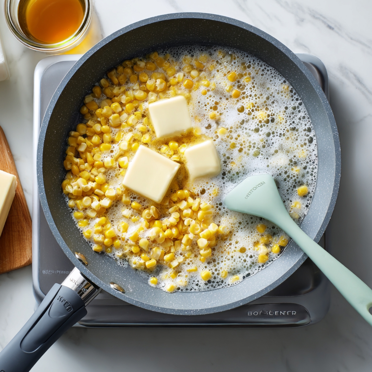 Overhead shot of a gray nonstick skillet on a white quartz countertop: golden corn kernels sizzling in a thin layer of milk, with four pats of melting butter clustered in the center and a mint‑green silicone spatula at the side; a block of butter on a wooden board and a small glass jar of cream sit just off to the left