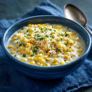 Close‑up, three‑quarter view of a blue ceramic bowl filled with creamed corn: bright yellow kernels swimming in a rich white sauce, topped with a sprinkling of black pepper and finely chopped chives, resting on a soft blue cloth next to a silver spoon