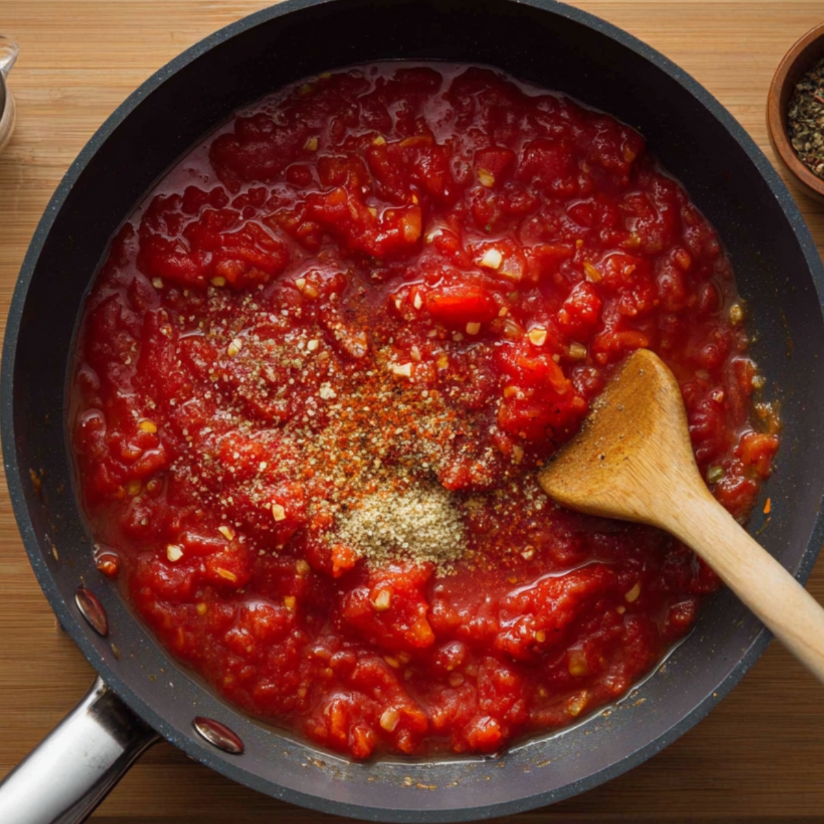 Top‑down image of a pan of simmering crushed tomato sauce dotted with garlic, salt, black pepper, and red pepper flakes, with a wooden spoon at the side ready for stirring.