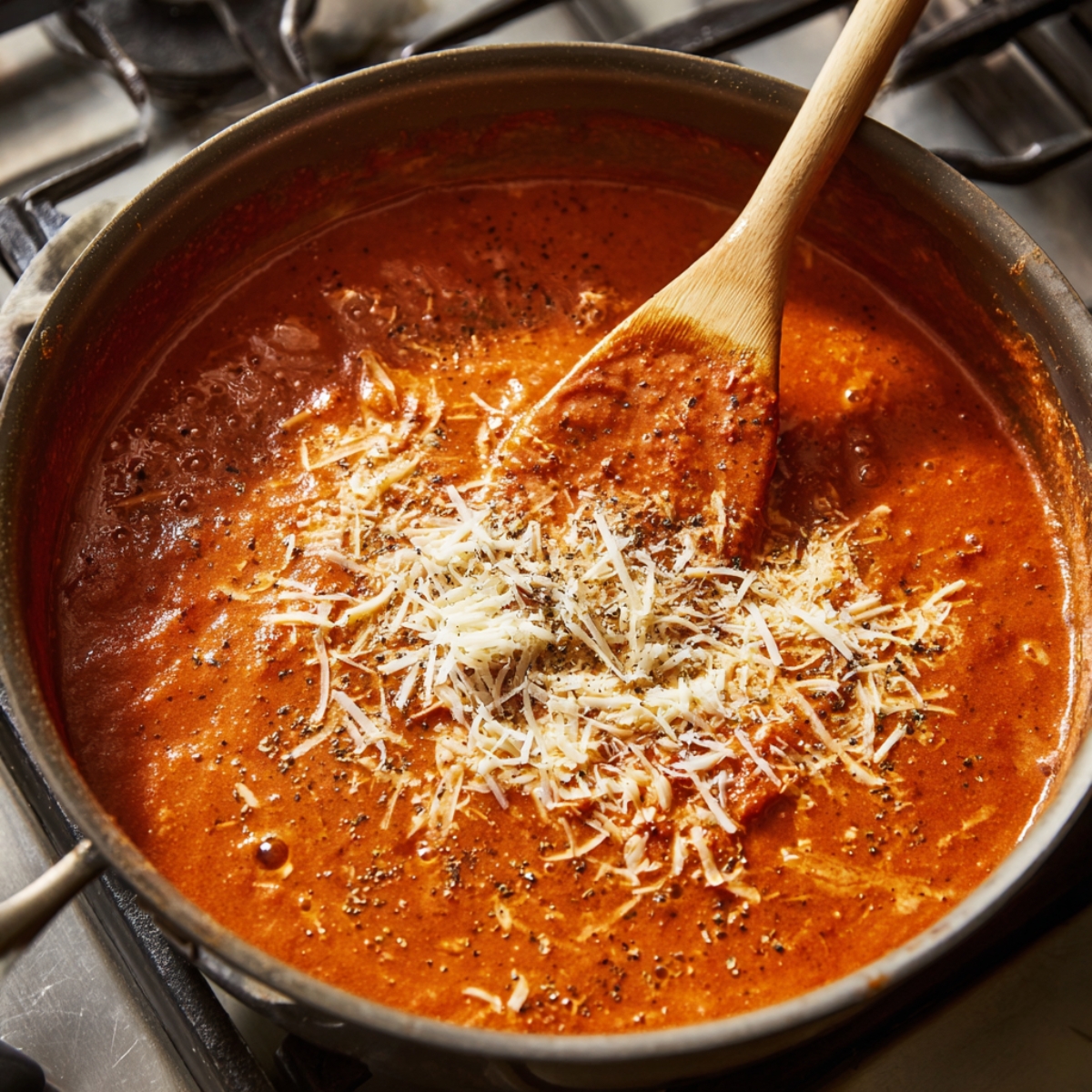 Overhead shot of a sauté pan of bright red tomato sauce as a small stream of heavy cream is poured in, with a wooden spoon resting at the edge of the pan.