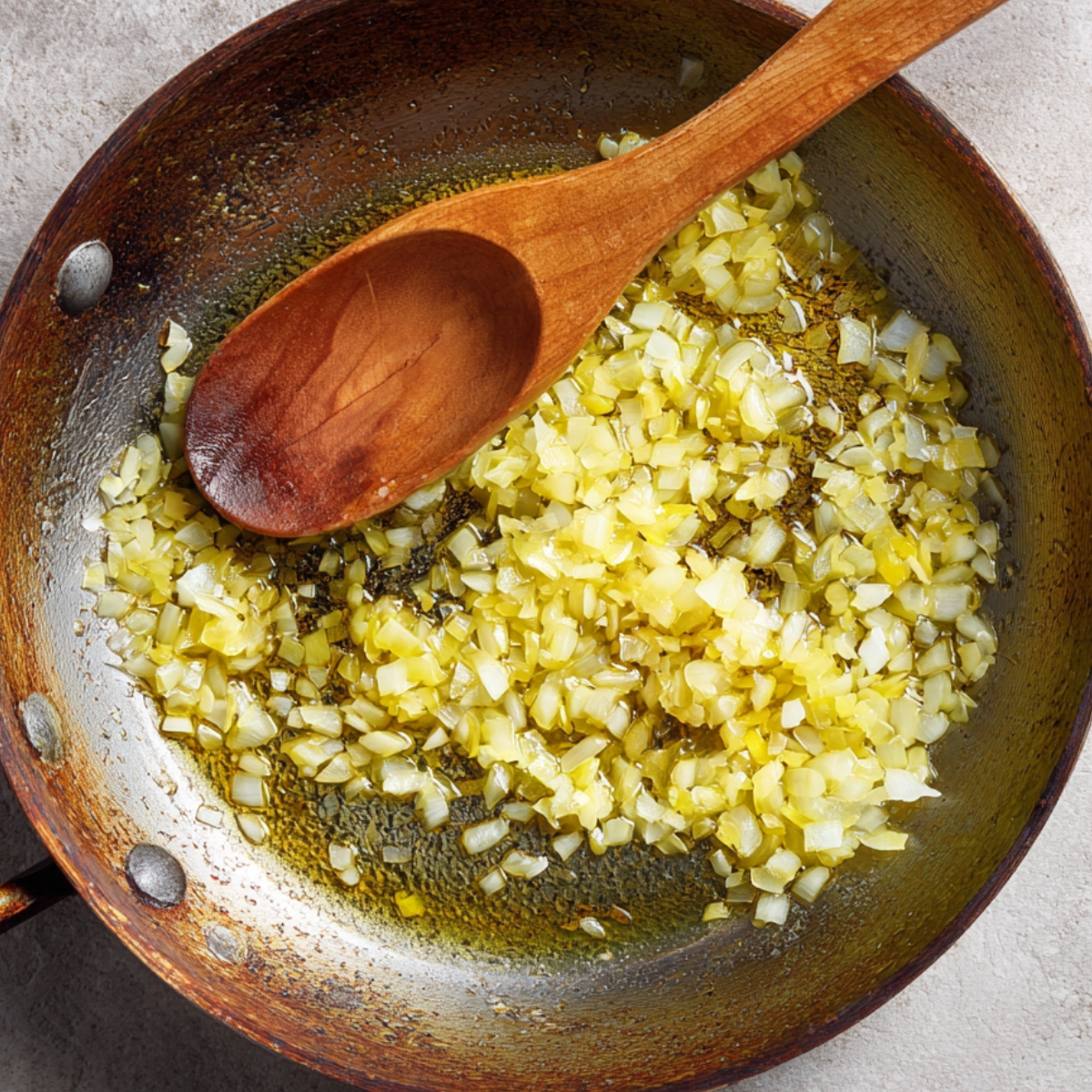 Overhead view of finely diced yellow onion sizzling in olive oil in a deep skillet, a wooden spoon lying across the pan.