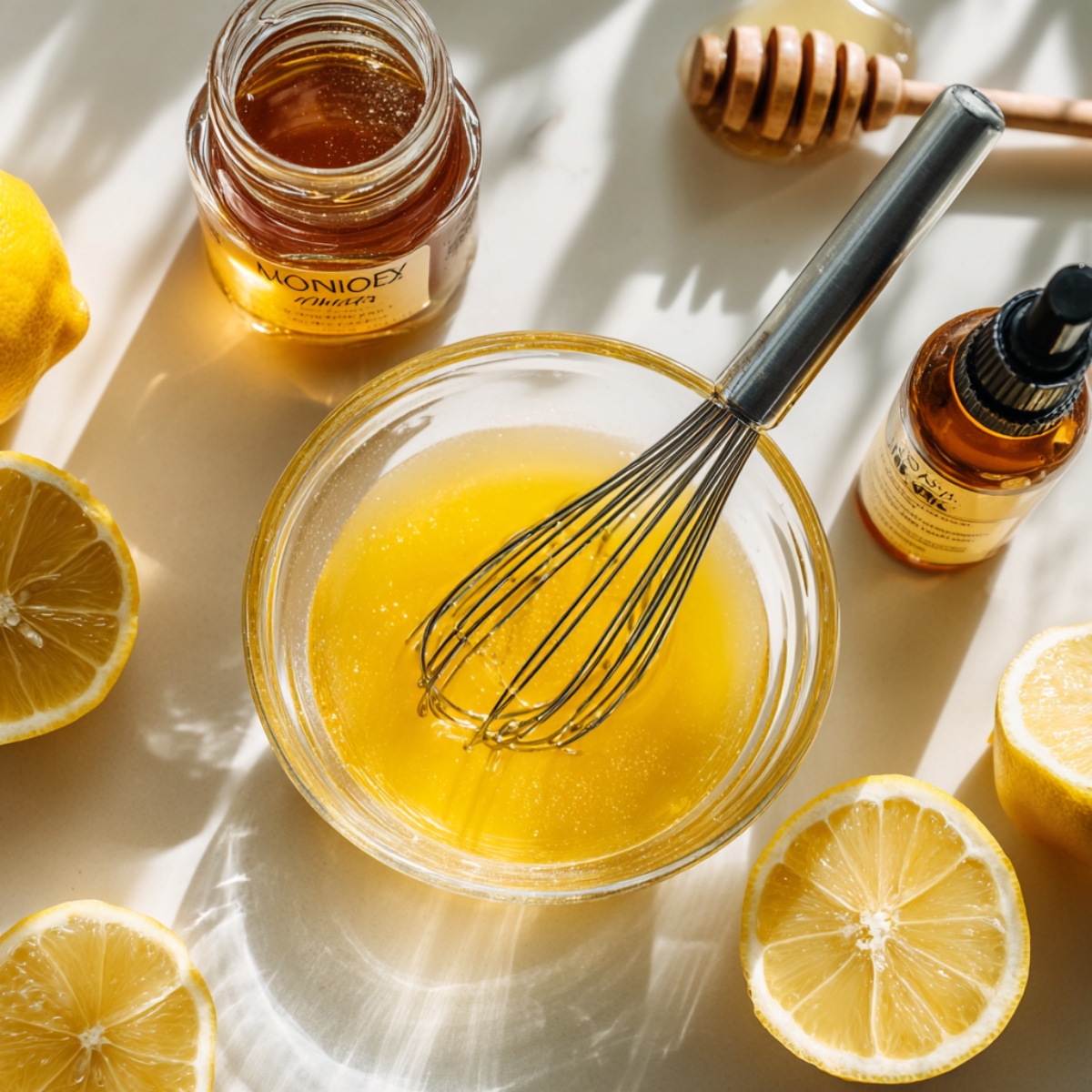 A small glass bowl of golden lemon-honey dressing being whisked, surrounded by lemon halves, honey jar, and vanilla extract bottle on a bright kitchen counter.